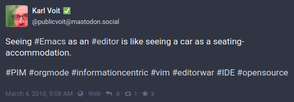 Seeing #Emacs as an #editor is like seeing a car as a seating-accommodation.