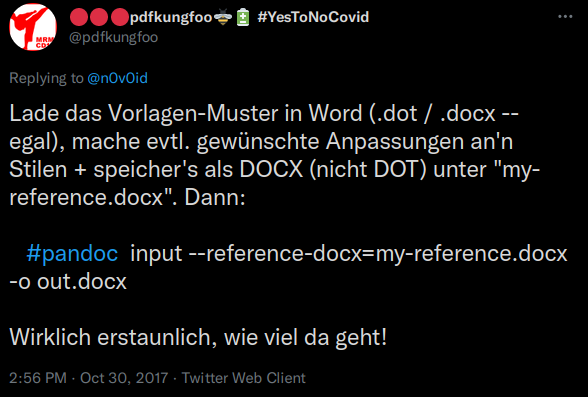 Lade das Vorlagen-Muster in Word (.dot / .docx -- egal), mache evtl. gewünschte Anpassungen an'n Stilen + speicher's als DOCX (nicht DOT) unter "my-reference.docx". Dann