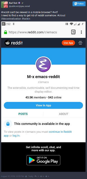 #reddit can't be viewed in a mobile browser? #wtf I need to find a way to get rid of reddit somehow. #cloud #decentralization #lockin